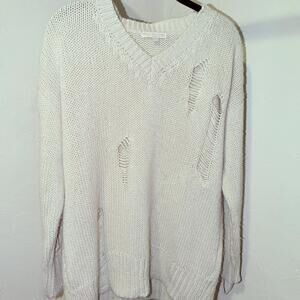 Free People Don’t Ask Why Cream Distressed V-Neck Knit Sweater
